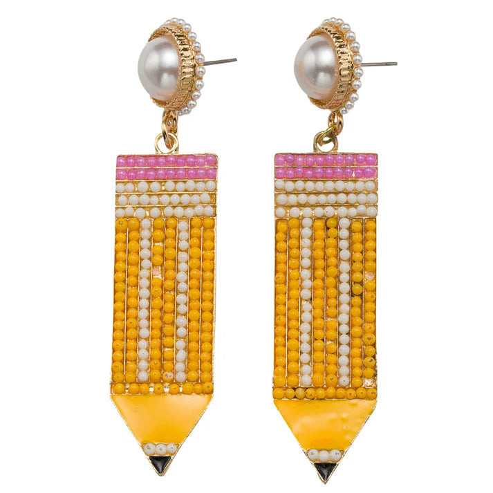 Beaded pencil dangle earrings with pearl stud