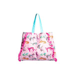 Pink velvet tote with colorful zebras and tigers and ruffled edges and turquoise handle
