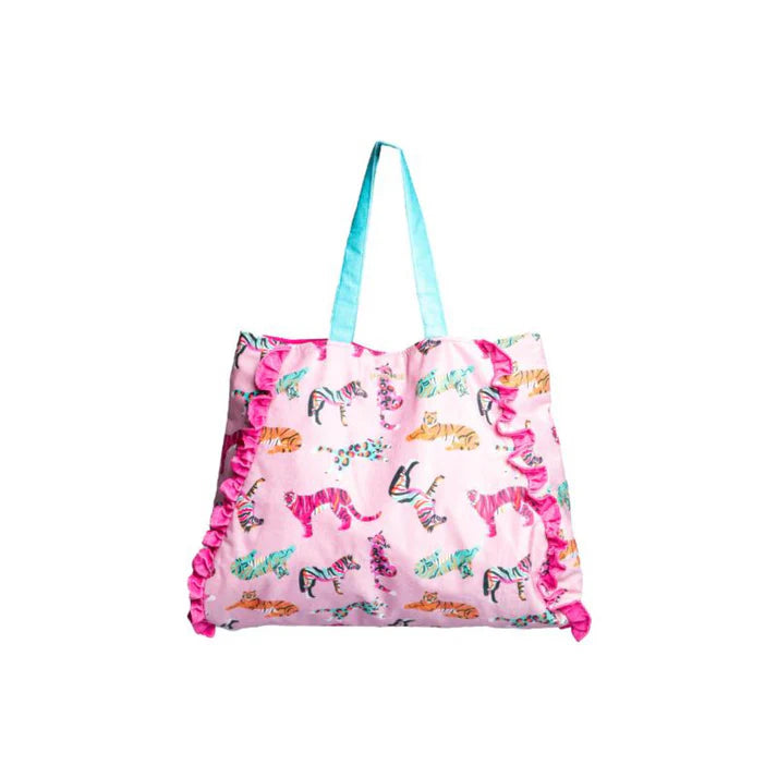 Pink velvet tote with colorful zebras and tigers and ruffled edges and turquoise handle