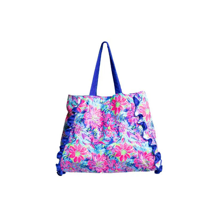 Blue and pink velvet floral print tote bag with royal blue ruffles and handle