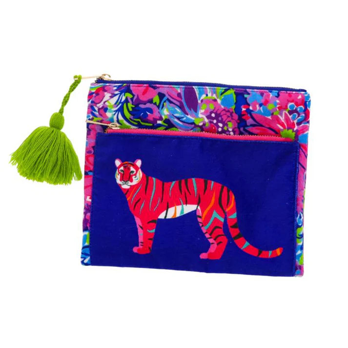 Set of two velvet zipper pouches: one with a red tiger, one with a floral pattern.