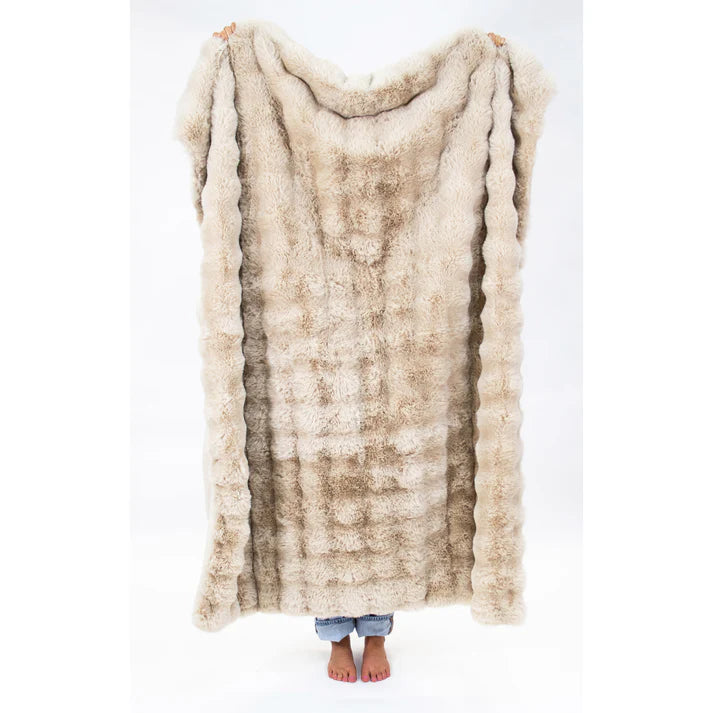 Solid tan faux fur throw blanket.