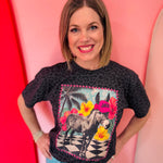 Black leopard print tee featuring Jack the donkey in tropical paradise with printed rhinestone details.