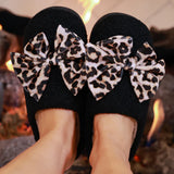 Cozy Bow Slippers- Black/Leopard