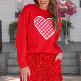 Red luxe pullover with oversized gingham heart patch and soft, stretchy comfortable fit.