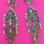 Jess Lea Gold plated cascading rainbow rhinestone earrings with lightweight tiered waterfall strands in vibrant colors.