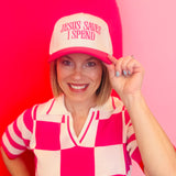 Fuchsia two-tone canvas cap with embroidered “Jesus Saves I Spend” phrase and adjustable strap.
