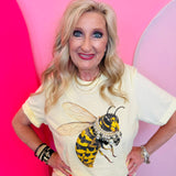 Yellow tee with bee graphic and rhinestone embellished collar detail
