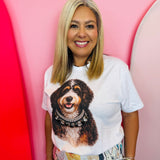 Bernedoodle graphic tee with oversized multi-colored rhinestone jewel collar.