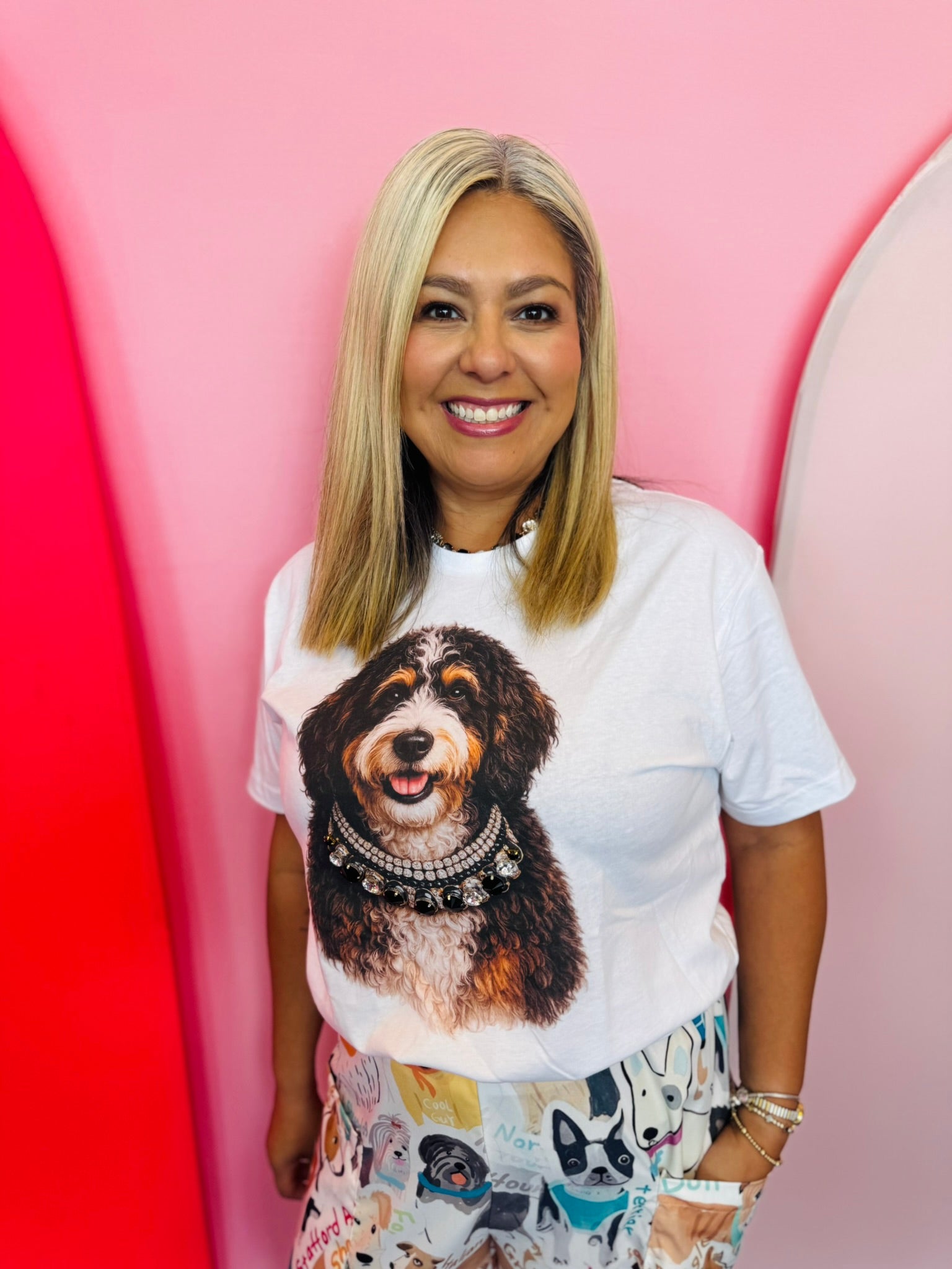 Bernedoodle graphic tee with oversized multi-colored rhinestone jewel collar.