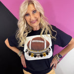 Black football tee with oversized black, gold, and clear rhinestone crystal accents.