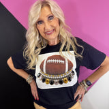 Black football tee with oversized black, gold, and clear rhinestone crystal accents.