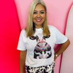 White cow graphic tee with colorful rhinestone necklace accent and premium rhinestone details