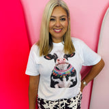 White cow graphic tee with colorful rhinestone necklace accent and premium rhinestone details