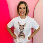 White donkey graphic tee with jeweled rhinestone collar on soft 100% cotton fabric.