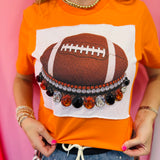 Green football tee with oversized green and clear rhinestone crystals and football patch.