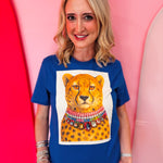 Royal blue cheetah tee with colorful jeweled crystal necklace.