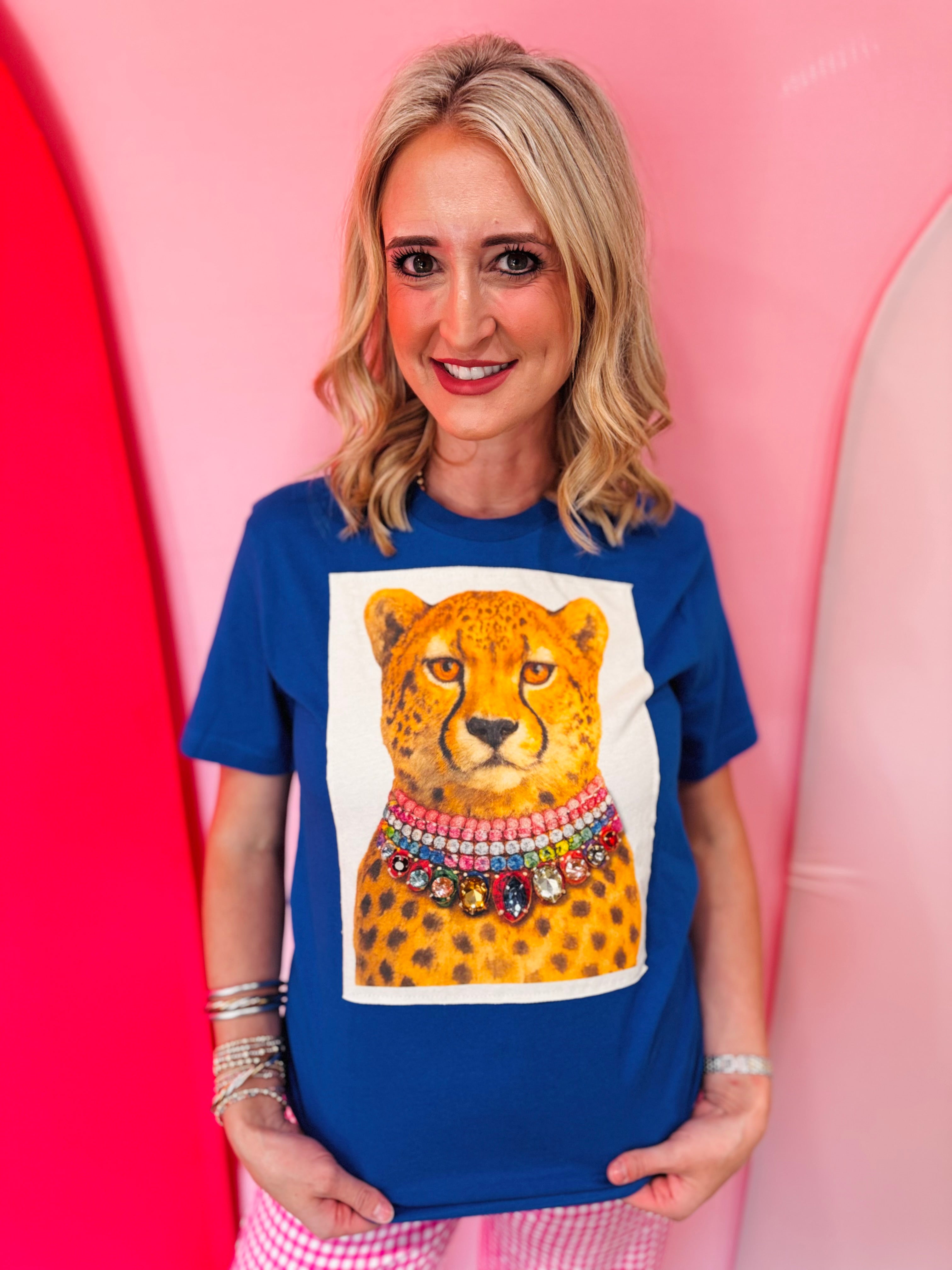 Royal blue cheetah tee with colorful jeweled crystal necklace.