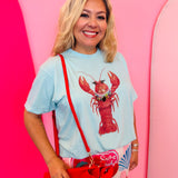 Blue tee with lobster graphic and rhinestone embellished collar detail