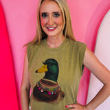 Olive green muscle tee with jeweled mallard duck graphic and embellished details.