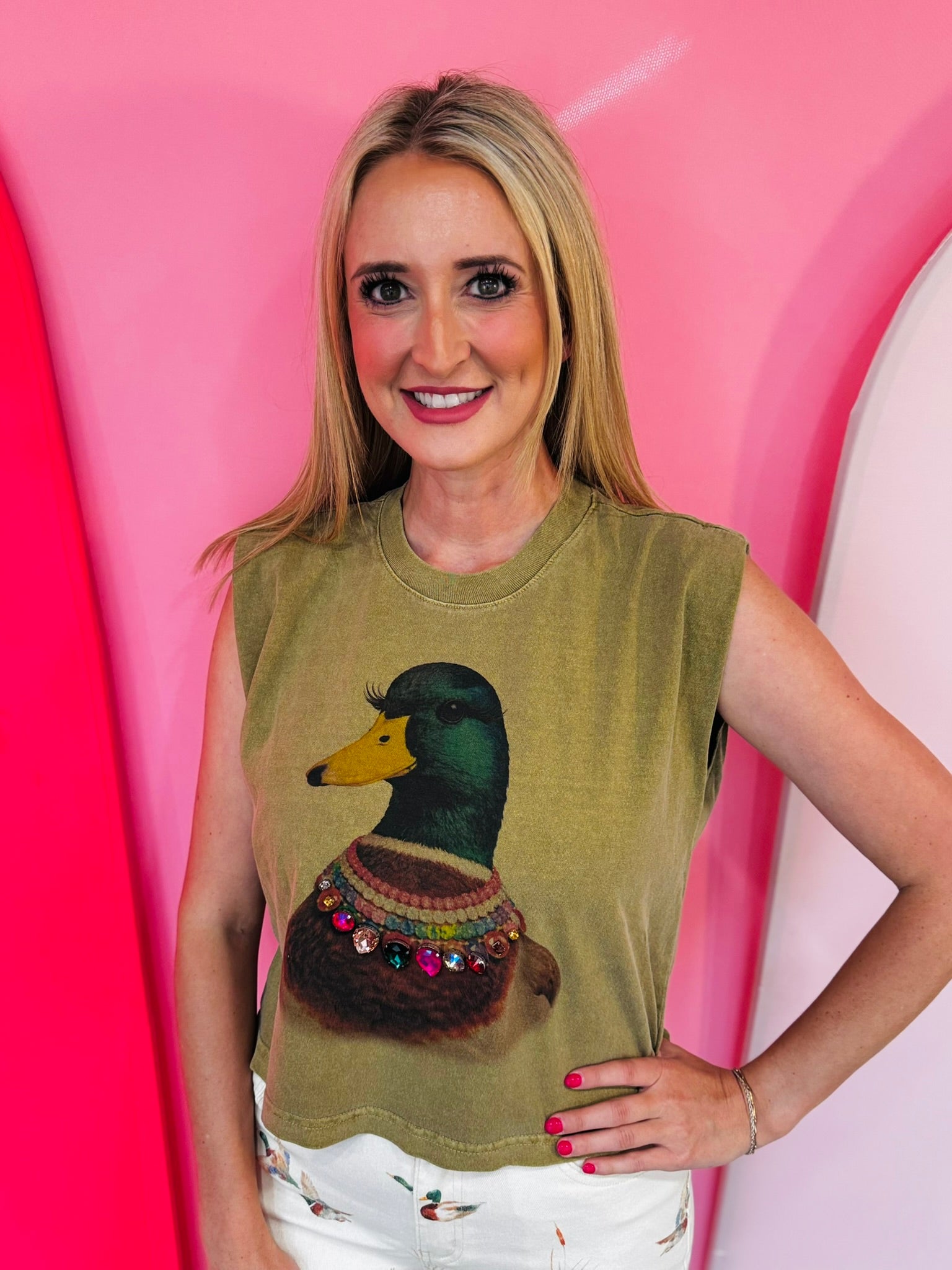 Olive green muscle tee with jeweled mallard duck graphic and embellished details.