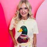 Natural colored mallard duck graphic tee with rhinestone jeweled collar design on soft cotton shirt.
