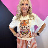 Natural tiger graphic tee with layered necklace design and sparkling multicolored jewels.