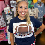 Navy football tee with oversized red, navy, and clear rhinestone crystal embellishments.