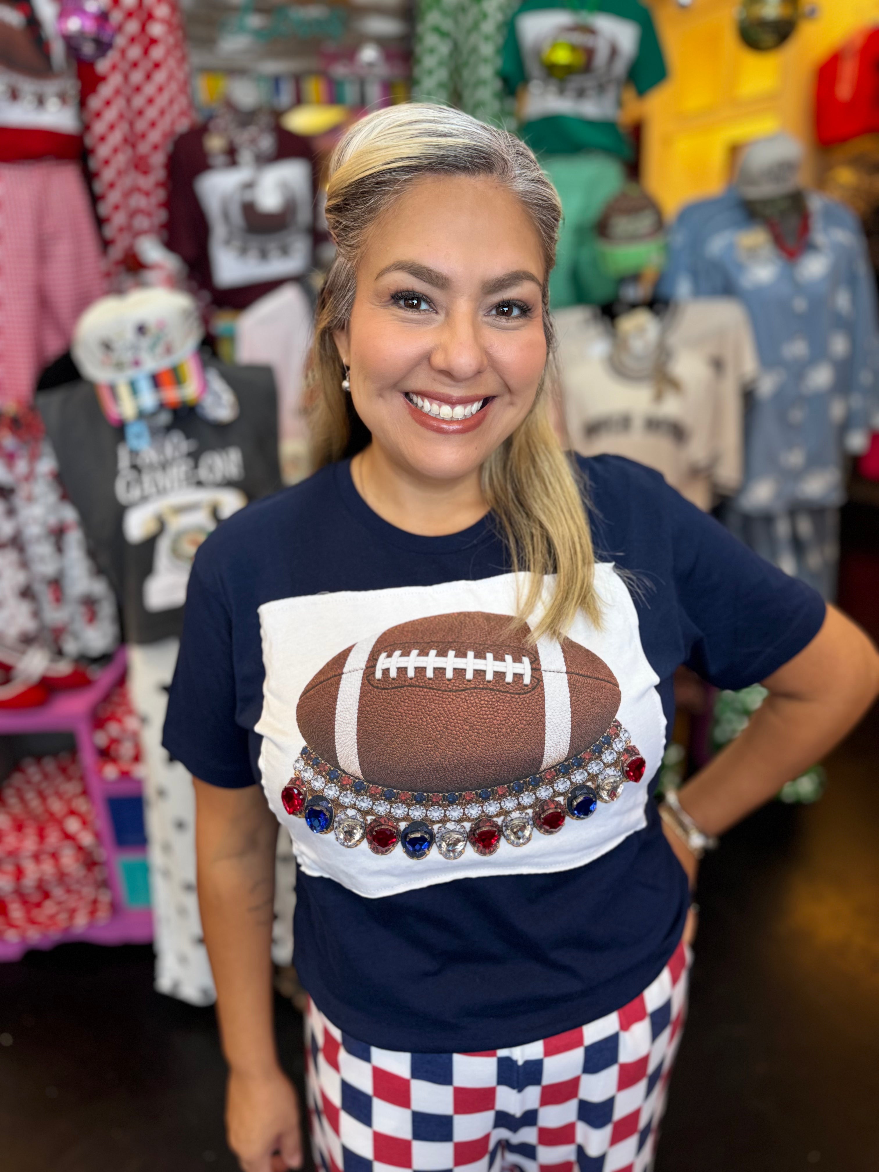 Navy football tee with oversized red, navy, and clear rhinestone crystal embellishments.