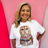 White owl tee from our Jewel Collared Collection with oversized rhinestone collar.