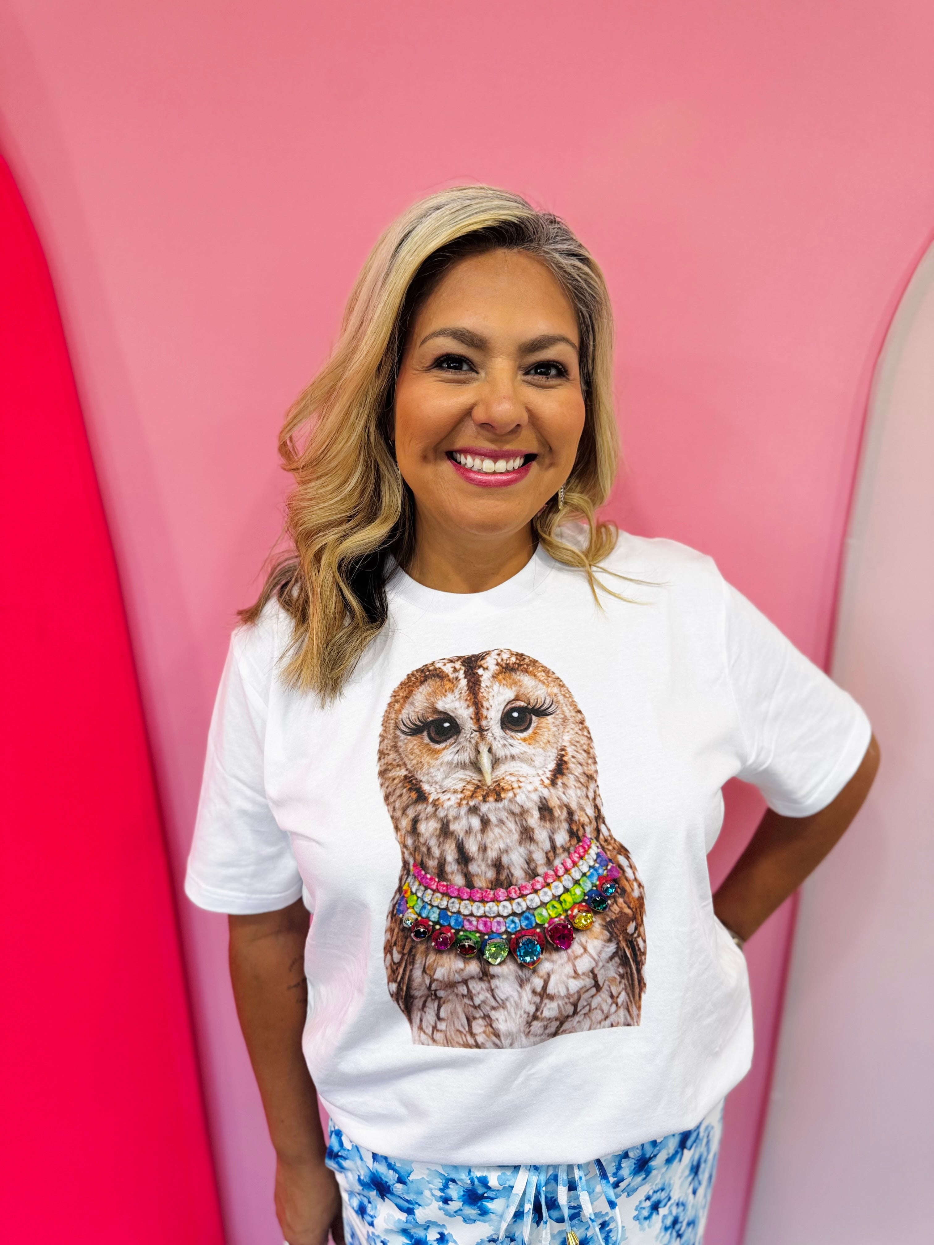 White owl tee from our Jewel Collared Collection with oversized rhinestone collar.