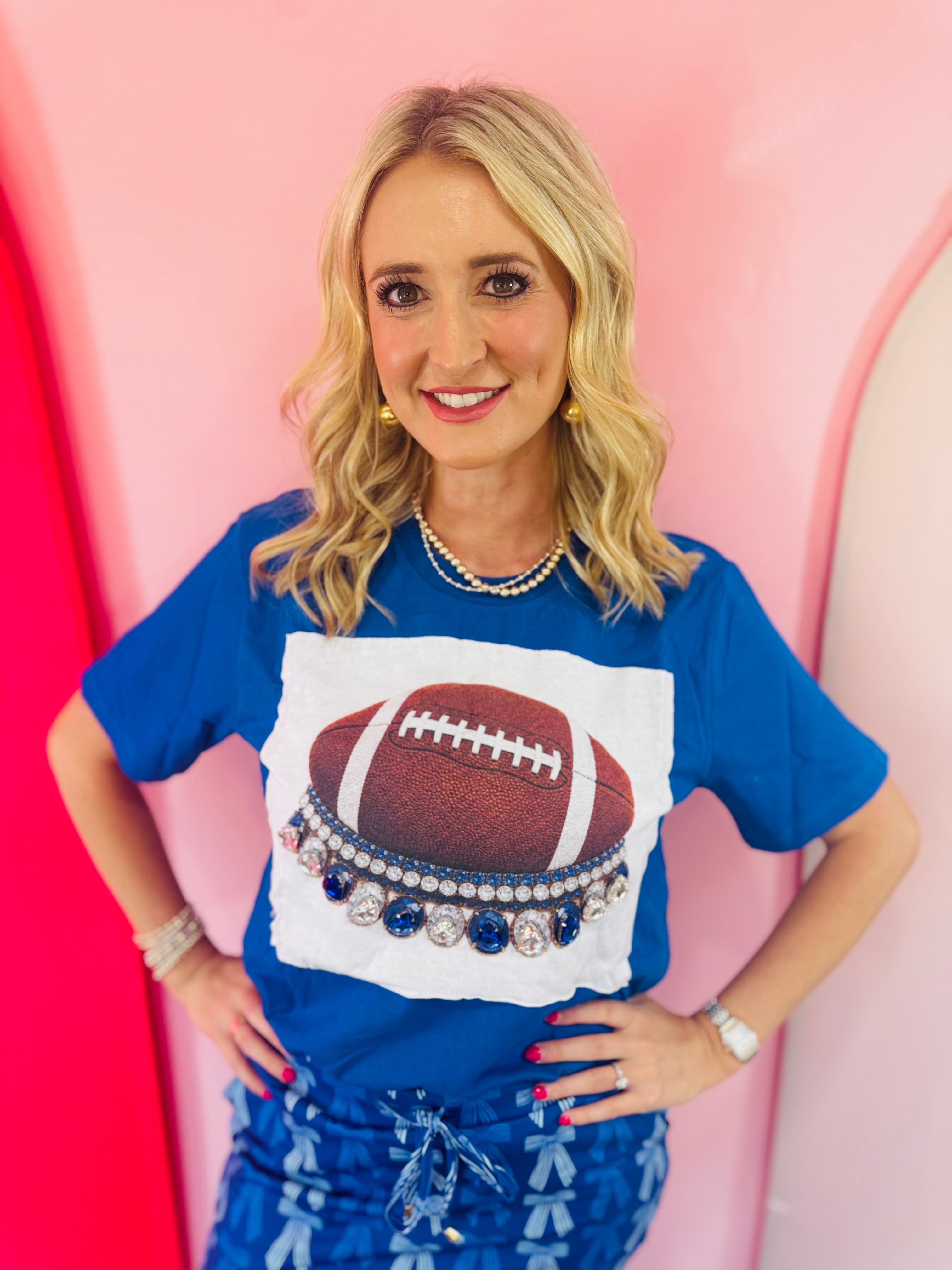 Royal blue football tee with hand-set blue and clear rhinestone jeweled collar.