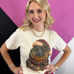Christmas alligator tee with Santa hat, colorful ornaments, rhinestones, and jeweled neckline.