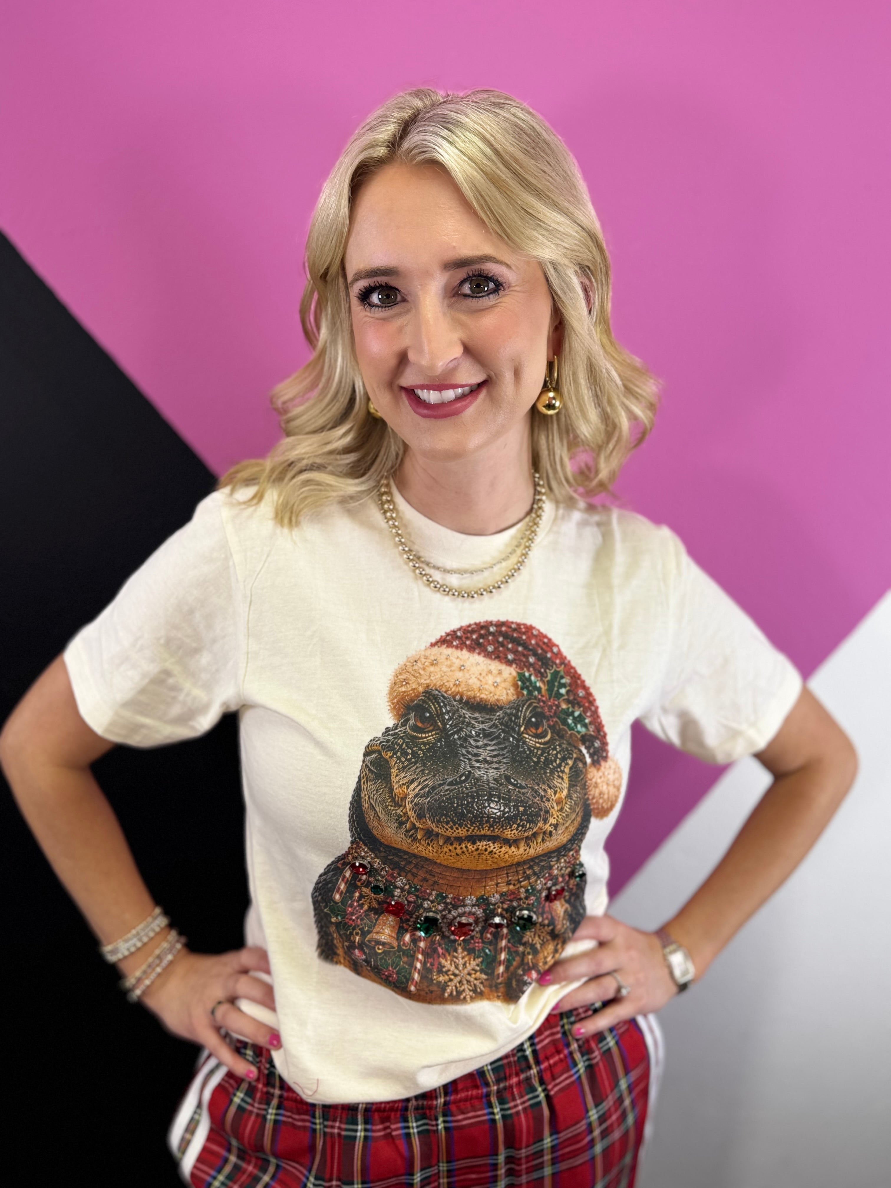 Christmas alligator tee with Santa hat, colorful ornaments, rhinestones, and jeweled neckline.