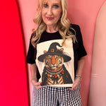Black tiger witch tee with jeweled orange, black, and iridescent crystal collar.