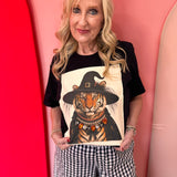 Black tiger witch tee with jeweled orange, black, and iridescent crystal collar.