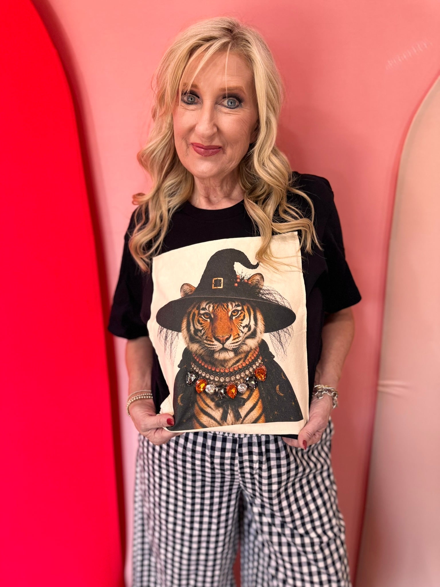 Black tiger witch tee with jeweled orange, black, and iridescent crystal collar.