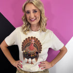 Turkey graphic tee with oversized multicolored jewel necklace and sparkling rhinestone accents.