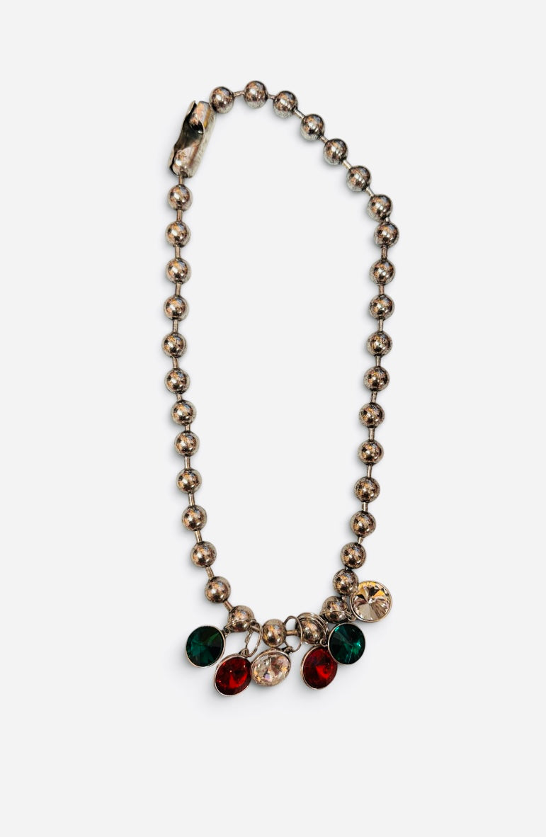 Metallic ball bead necklace with emerald, ruby, and champagne crystal drops.