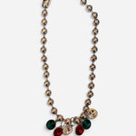 Metallic ball bead necklace with emerald, ruby, and champagne crystal drops.