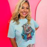 Heather Purist Blue Hippo Jewel Collared Tee with colorful hippo graphic and rhinestone jeweled collar detail.