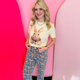 Cream colored bunny graphic tee with jeweled rhinestone collar on soft 100% cotton fabric.