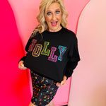 Black Jolly Patch Pullover with multicolor trim and festive light details shown from the front.