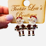 Santa earrings with sparkly red suit and pearl accents for a festive holiday look.
