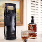Genuine leather wine and spirits bag with removable tag and magnetic closure.