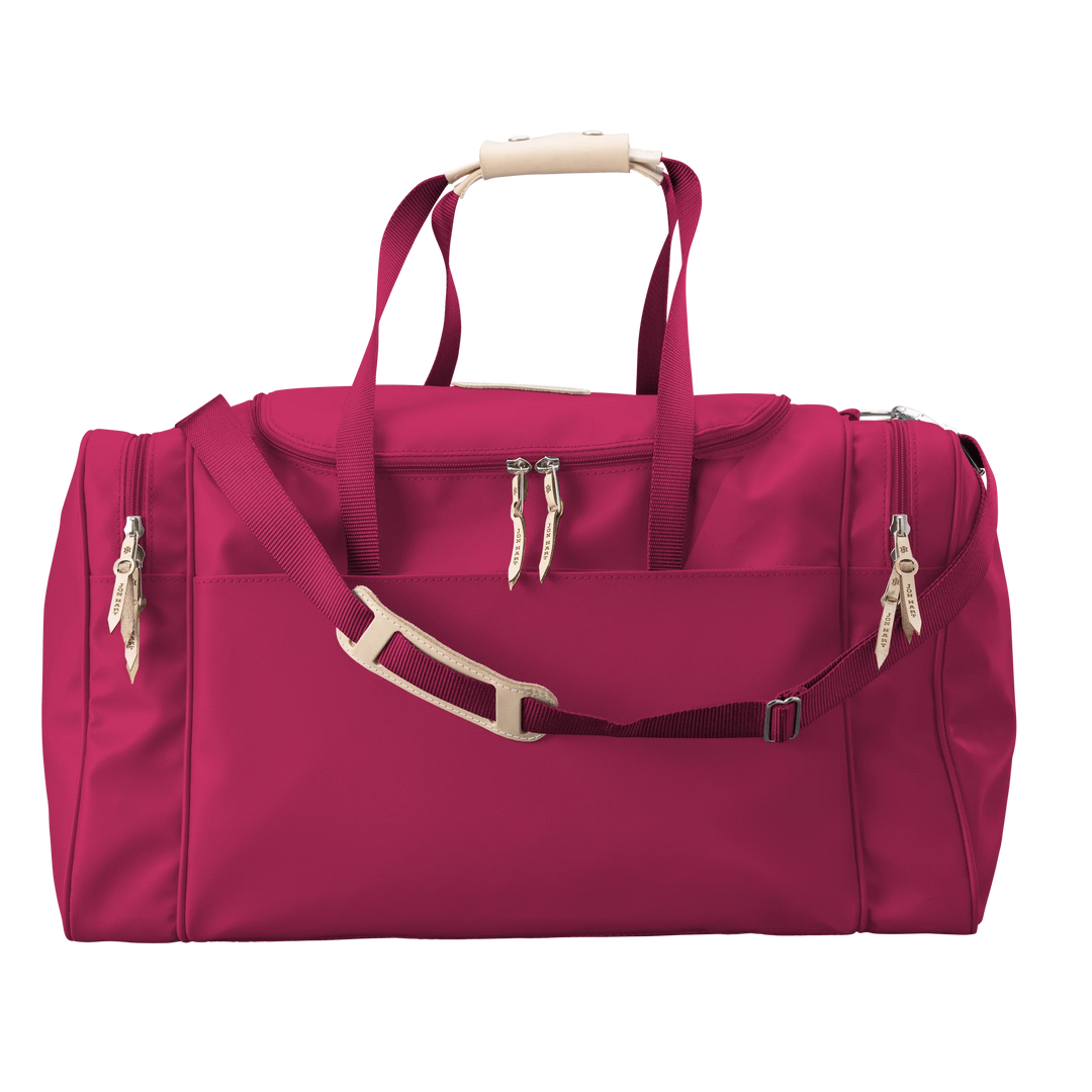 Jon Hart Large Square Duffel, 13x24x13 in coated canvas with leather trim and trolley sleeve.