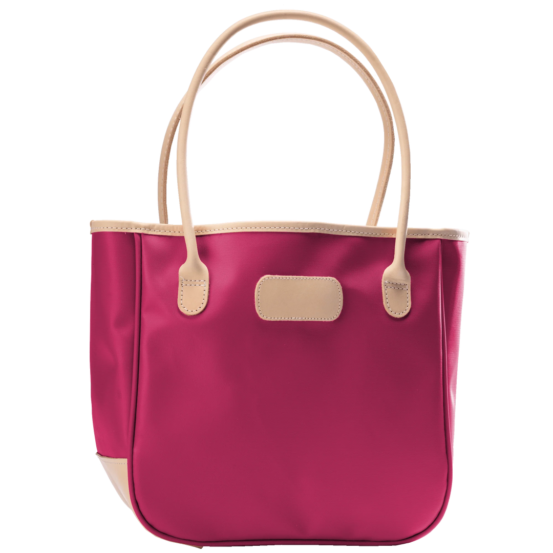 Jon Hart Medium Holiday Tote, 12x12x6.5 in, coated canvas with leather trim and rolled handles.