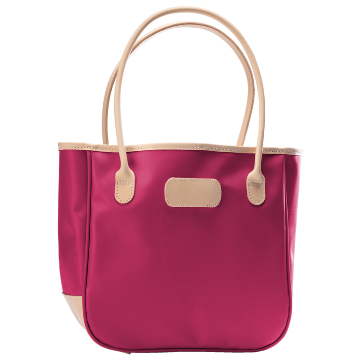 Jon Hart Medium Holiday Tote, 12x12x6.5 in, coated canvas with leather trim and rolled handles.