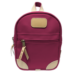 Jon Hart Mini Backpack, 11.5x9x3.75 in, coated canvas with leather trim.