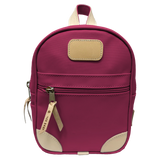 Jon Hart Mini Backpack, 11.5x9x3.75 in, coated canvas with leather trim.
